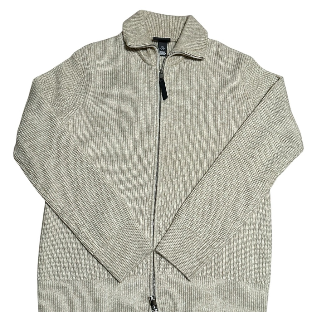H&M Tan Zip Up Sweater with Long Sleeves and Ribbed Cuffs